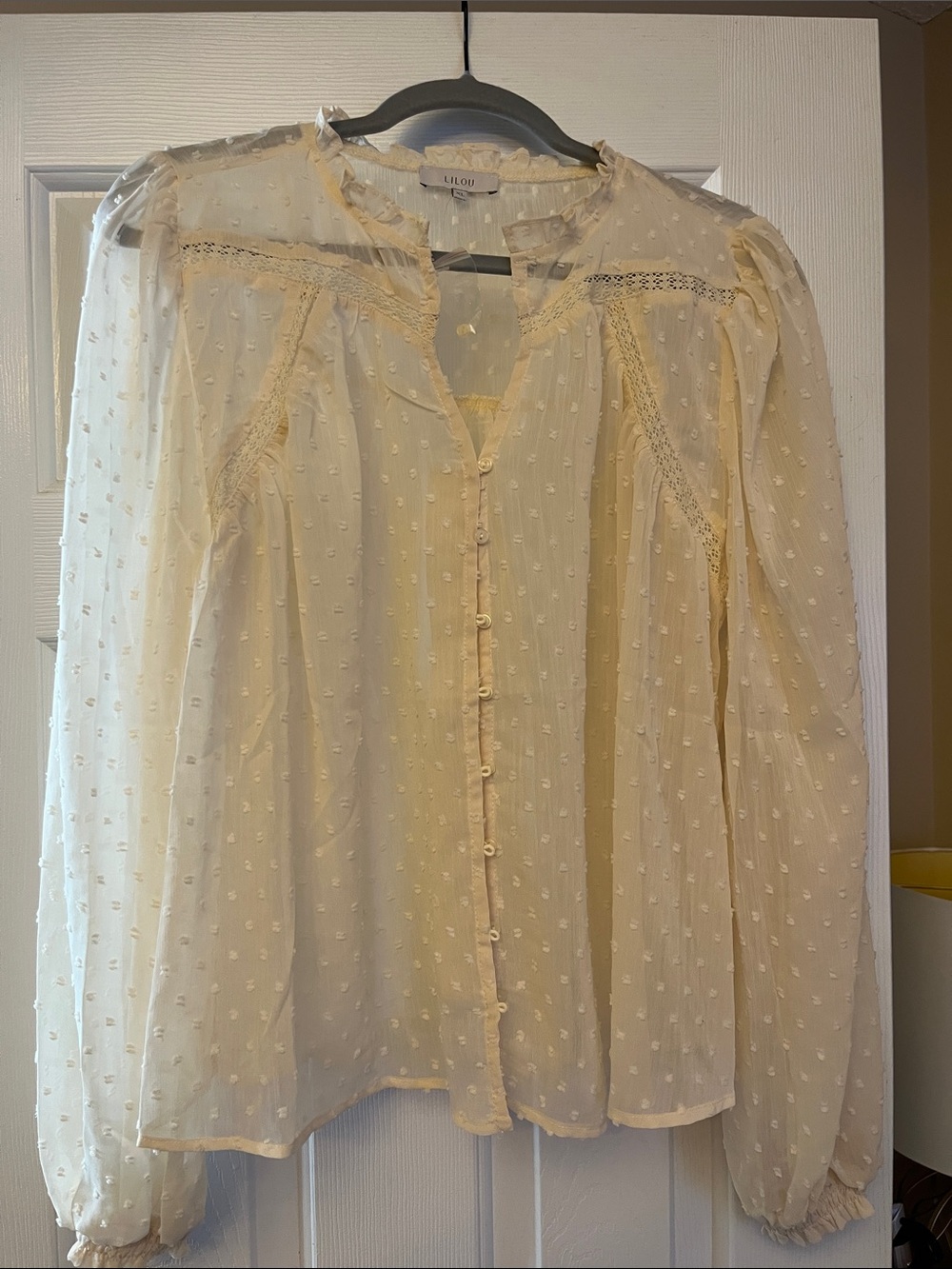LILOU NWOT Cream Swiss Dot Button-Front Peasant BOHO Blouse